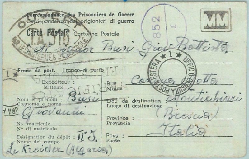 67570 - ALGERIA - Postal History - Italian POW MAIL  Card - 1943