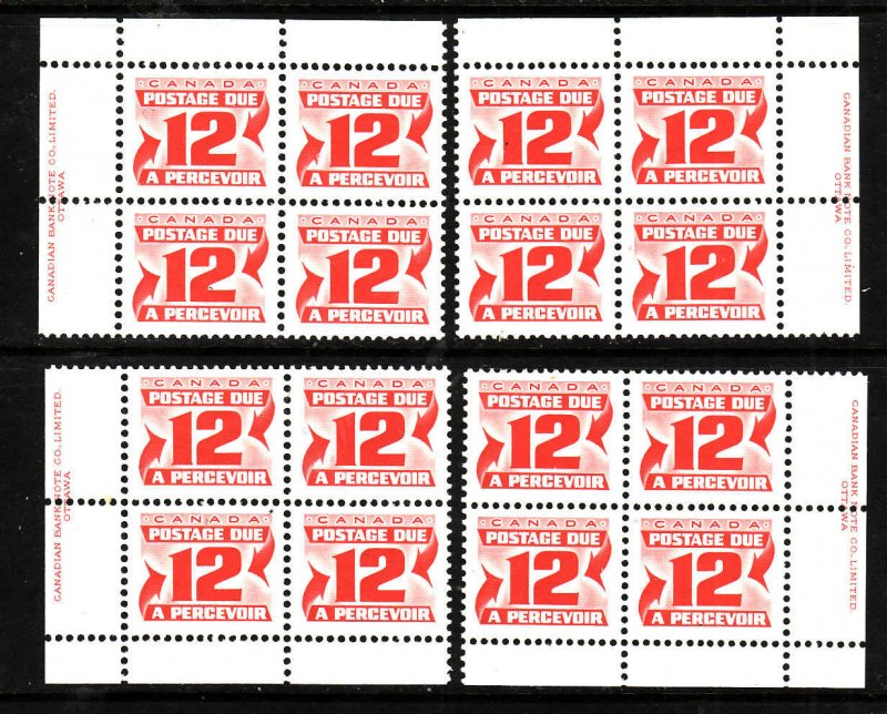 Canada id#4087 - Sc#J36a-set of 4 plate blocks-12c carmine rose-NH-postage due-1