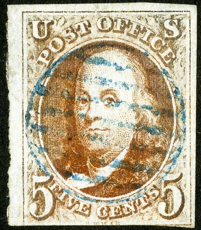 US Stamps # 1b 5c Franklin 1847 Used 4 Margins Orange Brown w/ PSE Certificate 