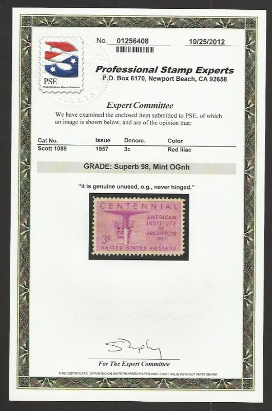 # 1089 MINT NEVER HINGED ARCHITECTS     P.S.E. GRADE 98 C...