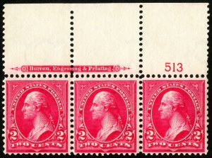 US Stamps # 267a MNH XF Strip Of 3 w/ Imprint And Plate # Pink Scott Value $200