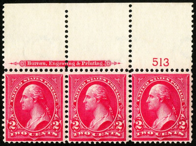 US Stamps # 267a MNH XF Strip Of 3 w/ Imprint And Plate # Pink Scott Value $200 