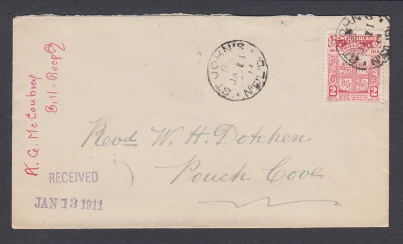 Newfoundland Sc 88a on 1911 cover ST JOHN'S to POUCH COVE, sound, clean