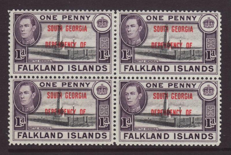 1944 South Georgia 1d Block of 4 Mint