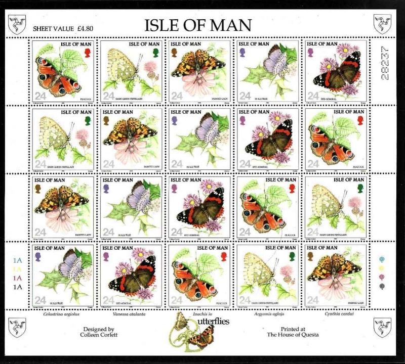 Isle of Man-Sc#571a-unused NH sheet of four strips-Insects-Butterflies-1993-