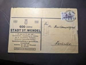 1931 Germany Saargebiet Cover St Wendel Saar to Karlsruhe