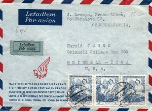 1948 CZECHOSLOVAKIA INTERNATIONAL AIRMAIL RATE TRIPLE FRANKING TO U.S.A. LABELS