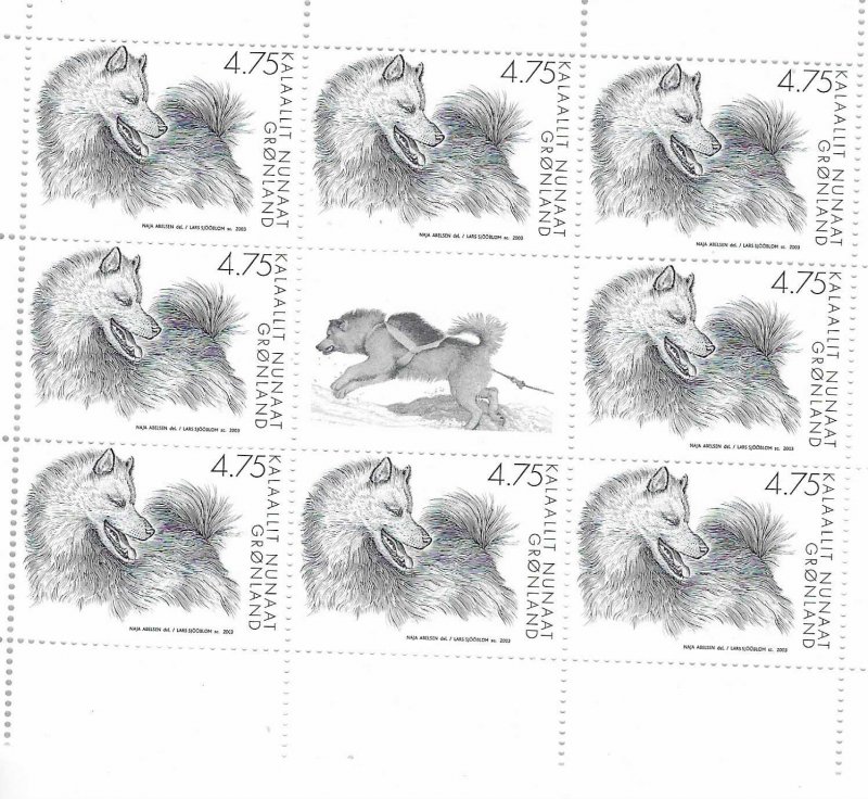 Greenland #410A 4.575k sheet of 8+ central label Sled Dogs (MNH) CV.$15.00