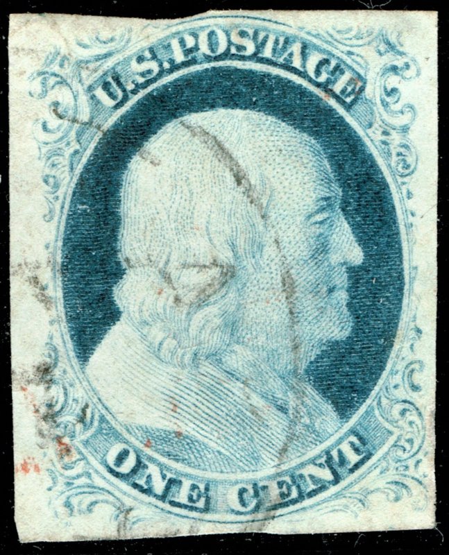 [0943] 1852 Scott#9 used 1¢ Franklin blue cv:$95 Recut once at top and at bottom