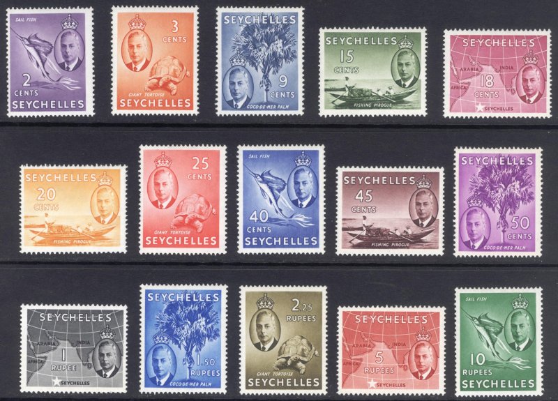 Seychelles 1952 GVI 2c-10r Pictorial Scott 157-171 SG 158-172 MLH Cat $87