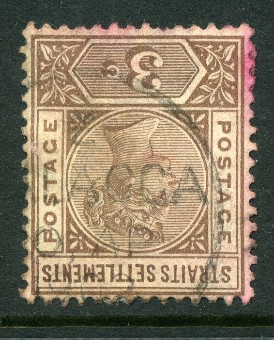 STRAIGHT SETTLEMENTS;  1892 QV issue used value 3c. fair Malacca POSTMARK