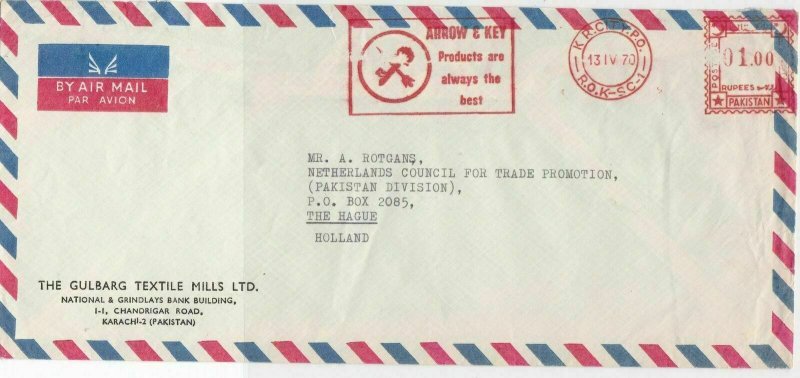 Pakistan 1970 Arrow & Key Slogan Cancel Airmail Meter Mail Stamps Cover Ref29337