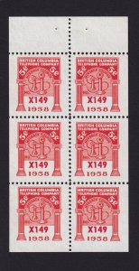 BCT184 - BC Telephone Frank 1958 complete pane mint