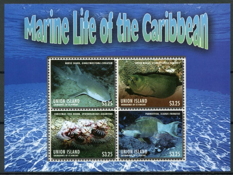 Union Island Gren St Vincent Stamps 2013 MNH Marine Life Caribbean Sharks 4v M/S 