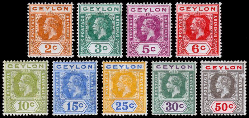 Ceylon Scott 201, 202a, 203, 204a, 205-209 (1912) Mint H VF, CV $43.50 C