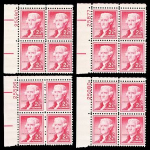 Scott 1033 2c Jefferson Liberty Series Plate Blocks of Four Mint VF NH