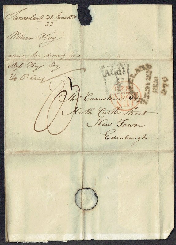 GREAT BRITAIN PRE-STAMP 1820 Entire Letter from Sunderland to Edinburgh - 41568