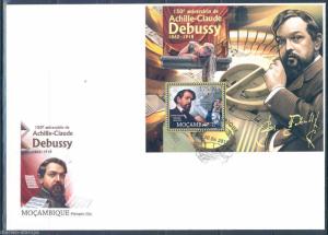 MOZAMBIQUE 150th BIRTH ANNIVERSARY ACHILLE CLAUDE DEBUSSY SOUVENIR SHEET FDC