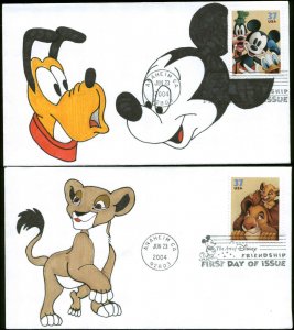 US FDC #3865 - #3568  Set of 4 Hand Colored Cachets Anaheim, CA   Walt Disney