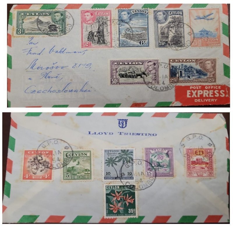 D)1954, CEYLON, LETTER CIRCULATED FROM CEYLAN TO COLOMBIA, AIR MAIL, EXPR