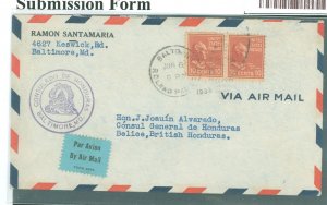 US 815 1939 Two 10c Tyler's (presidential/prexy series) paid the 20c per half ounce airmail rate to British Honduras (in...