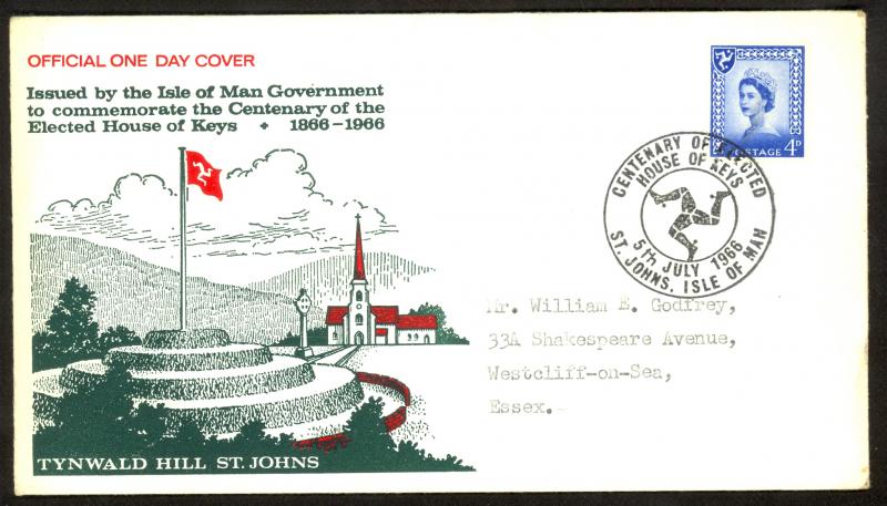 GB ISLE OF MAN 1966 CENTENARY OF ELECTED HOUSE OF KEYS Cachet POSTMARK Cover