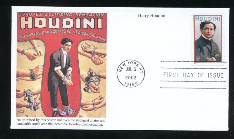 US 3651 Harry Houdini magician UA Mystic cachet FDC
