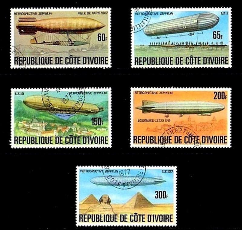 IVORY COAST - 1977 - ZEPPELIN - AIRSHIP - LZ-127 - DUMONT ++ CTO NH SET OF 5!