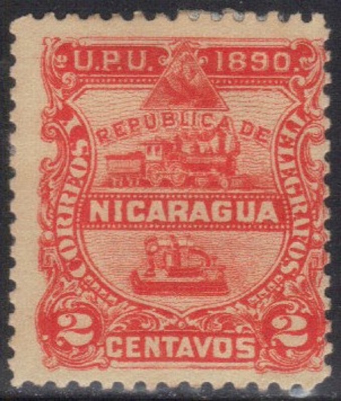 NICARAGUA SC# 21  *USED*  2c 1890 LOCOMOTIVE&TELEGRAPH SEE SCAN