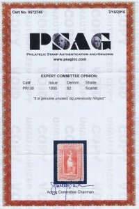 SCOTT# PR108 UNUSED OG PH $2 NEWSPAPER PERIODICAL STAMP, 1895, PSAG CERT 