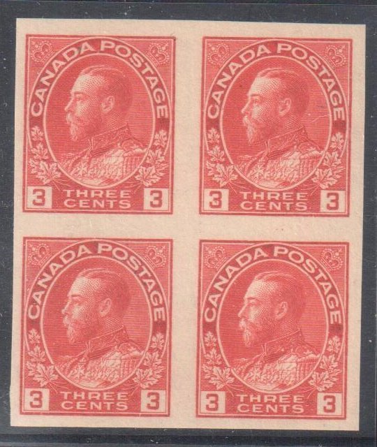 CANADA #138 MINT XF NH Imperf BLOCK OF 4 C$200.00 - Admiral WETPrinting