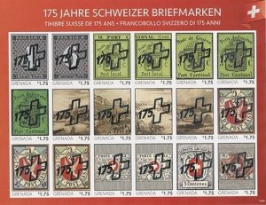 Grenada 2020 - Swiss Postage History - Silver OVPT IMPERF Sheet of 18 Stamps MNH
