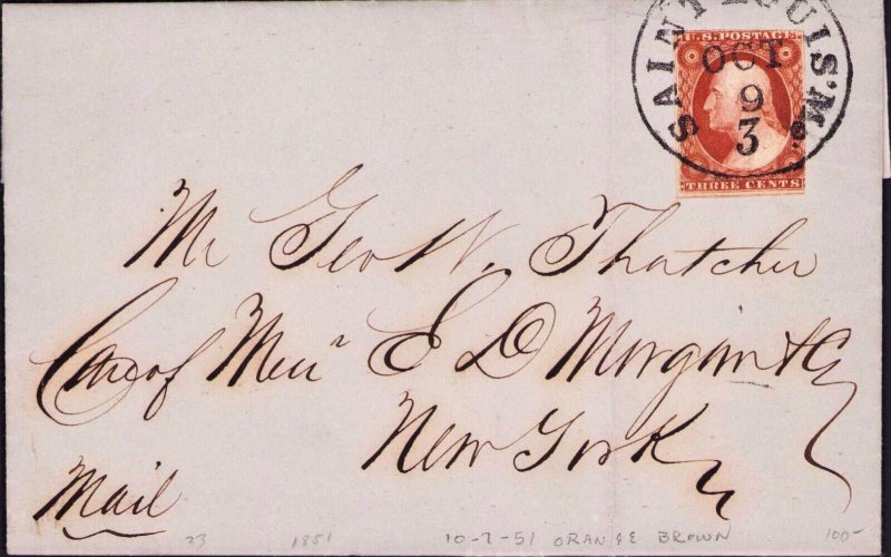 US 10a TyII True Orange Brown Saint Louis Mo/3   Oct 3 1851 to NY Contents