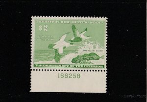 United States  Scott#  RW24  MNH w/Plate# 166258  (1957 American Eider)
