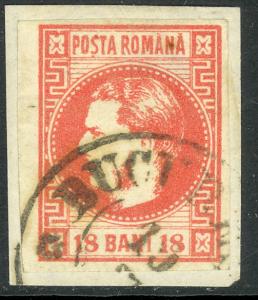 ROMANIA 1868-70 18b Rose Red Prince Carol Issue Sc 36 VFU on Piece