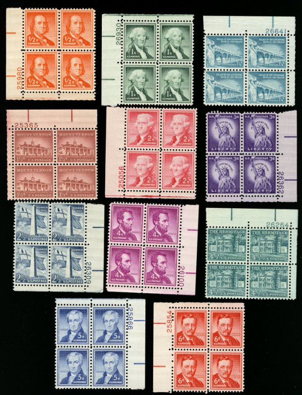 US #1030 // 1039 PLATE BLOCKS, Total of 6, VF mint never hinged, a super fres...