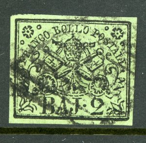 Italy 1852 Roman (Papal) States 2b Green Scott #3a VFU M977 ⭐⭐⭐⭐⭐