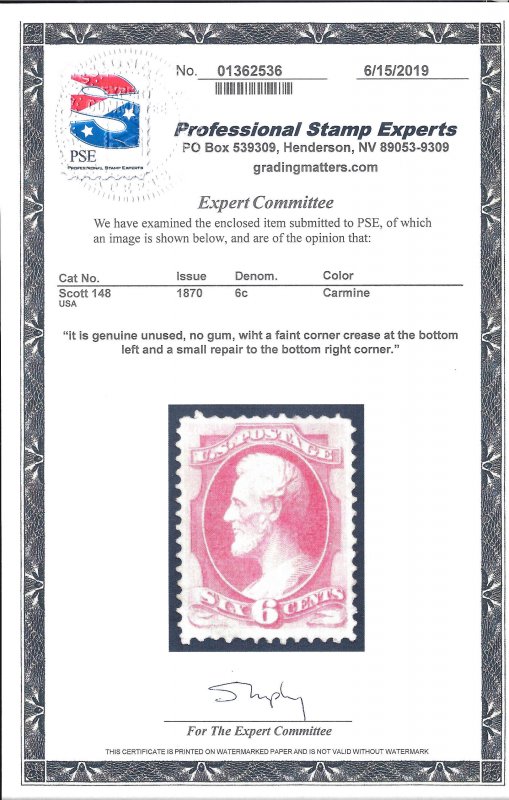 148 Mint,NG... PSE Cert... SCV $290.00 (for no gum)