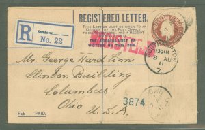 Great Britain  1911 2d + 1c registered envelope, size F; Sandown to USA, arrival CDS reverse.