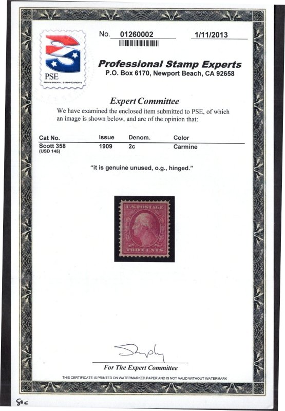 U.S. - 358 - Very Fine - Lightly Hinged (With PSE Certificate)