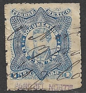 MEXICO REVENUES 1883 1c Mora DOCUMENTARY TAX PASO DEL NORTE Control Used DO95