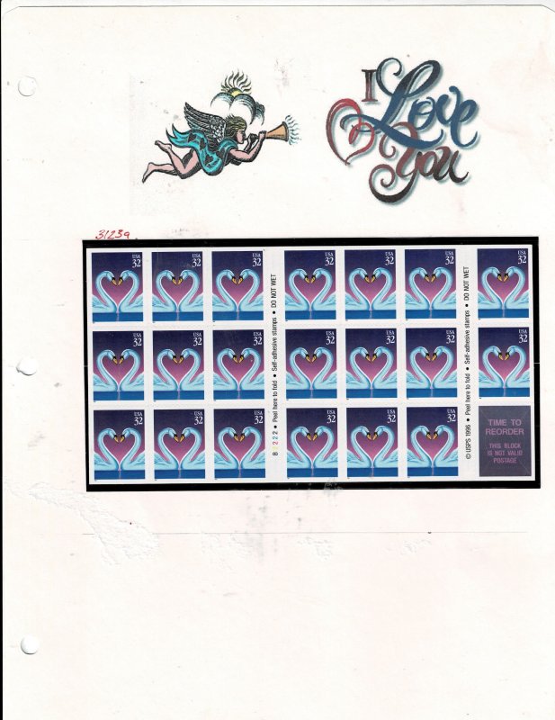 Love Swans 32c US Booklet Postage Pane of 20 stamps #3123a VF MNH