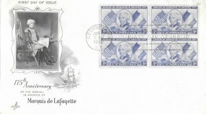 1952 FDC, #1010, 3c Lafayette, Art Craft, block of 4