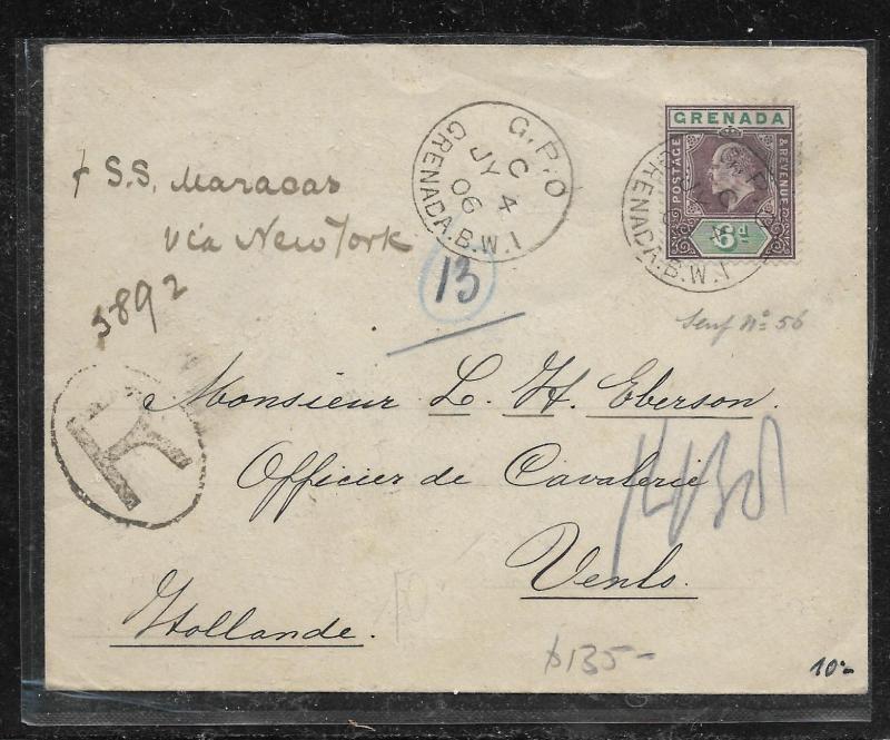 GRENADA (P1201BB) 1906 KE 6D ON REG COVER TO NETHERLANDS