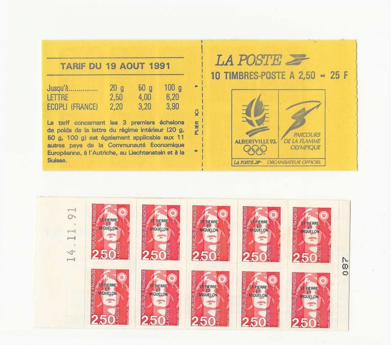 St Pierre & Miquelon Sc #545a complete Booklet of 10  (2Fr50) with date VF