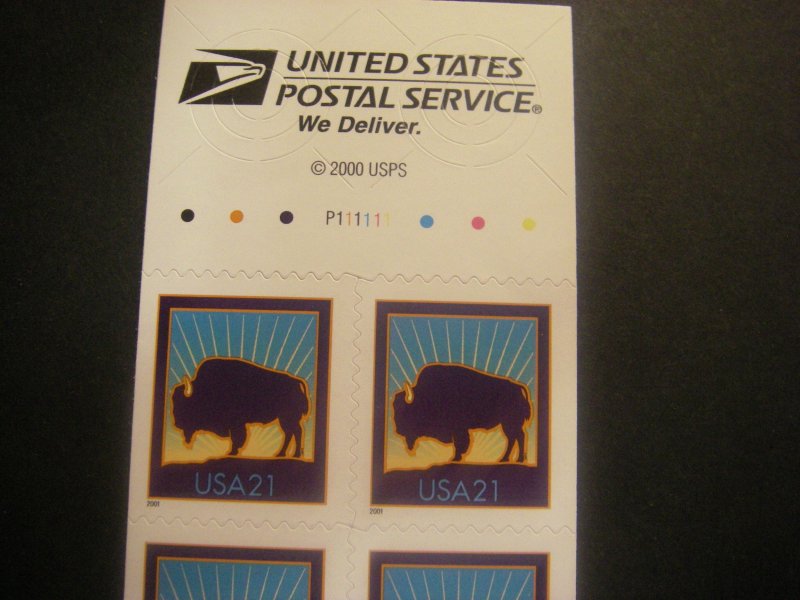 Scott 3484Ag, 21c Bison, #P111111, Pane of 10, Combo die cut, MNH Booklet Beauty