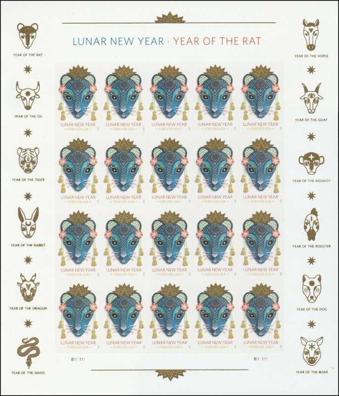 US 5428 Lunar New Year Rat forever sheet (20 stamps) MNH 2020