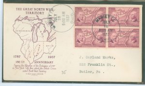US 795 1937 3c Northwest territory ordinance (block of four) on an addressed (typed) fdc with a Grimsland cachet.