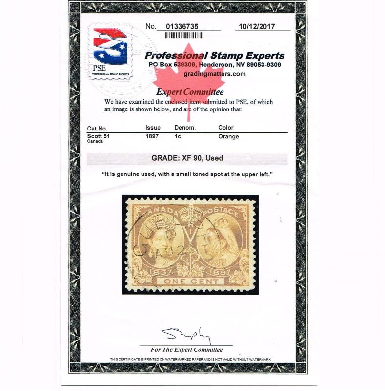 GENUINE CANADA SCOTT #51 XF USED PSE CERT GRADED XF-90 1897 ORANGE JUBILEE ISSUE