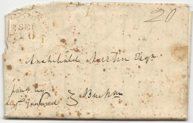 US Stampless Cover Folded Letter Oak Ridge, PA CDS September 20, 1836 20c Rate